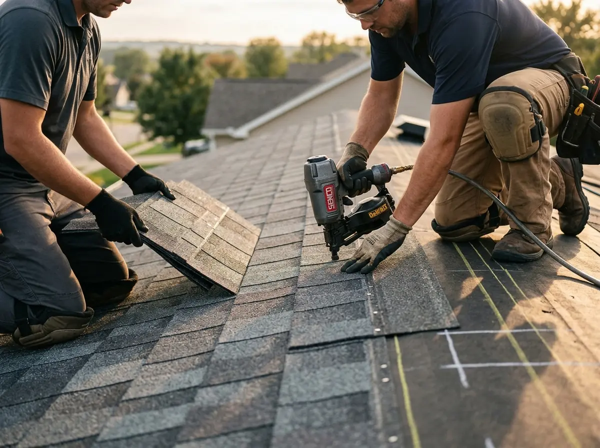 Professional roofer working on a residential roof in St. Augustine Shores